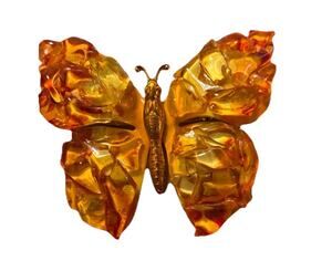 VTG 60s Germany Glass Mosaic Metal Gold Butterfly Brooch Pin Orange Yellow MCM